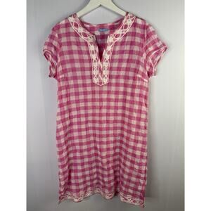 J McLaughlin Gingham Embroidered Rhett Dress Sz L Pink Crinkle Preppy Cottage
